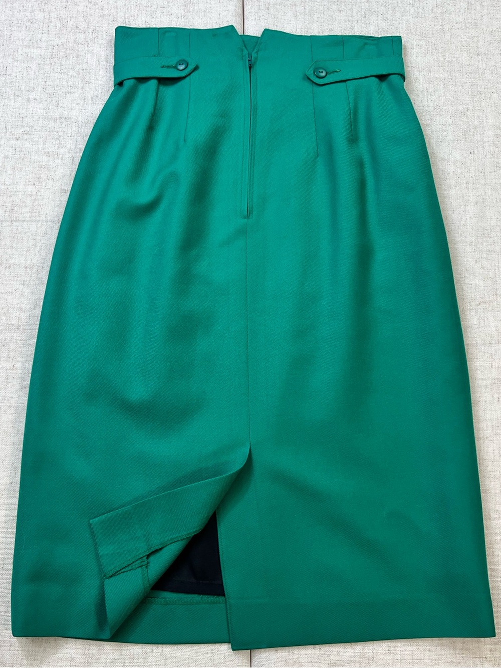 Vintage 80s Emerald Green Wool Pleated High Waist Pencil Midi Skirt Sz 12 / L